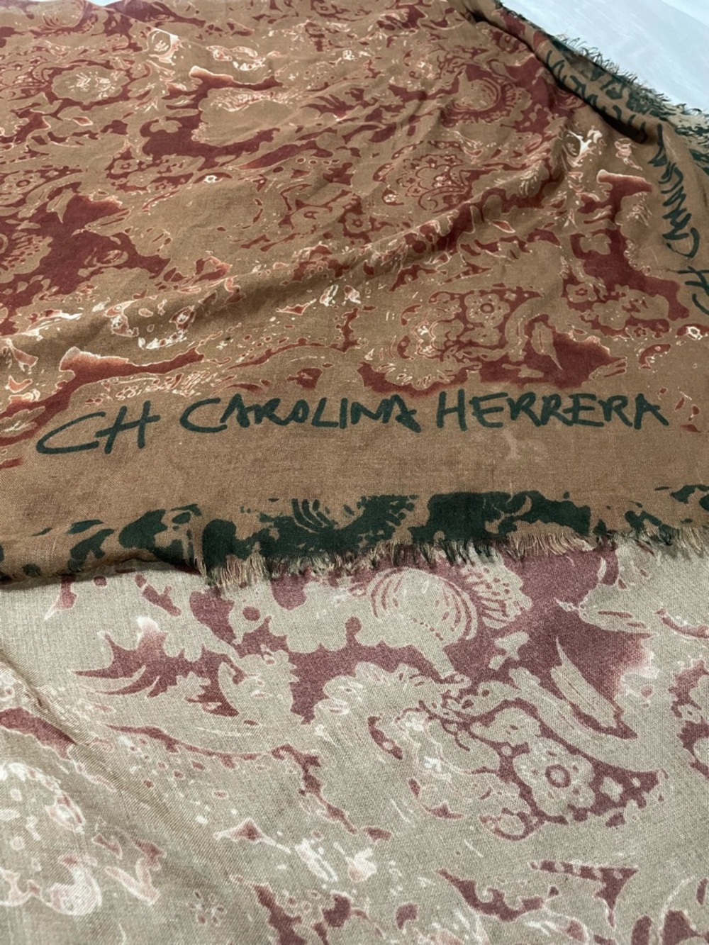 Vintage Carolina Herrera Beige and Rust Patterned Jacquard Shawl